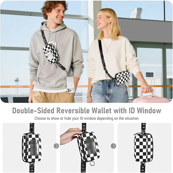 Tiostep Clip and Go Strap for Phone with Wallet Crossbody Phone Lanyard Adjustable and Detachable RFID Wristlet Wallet (Black White Checkered, Medium)