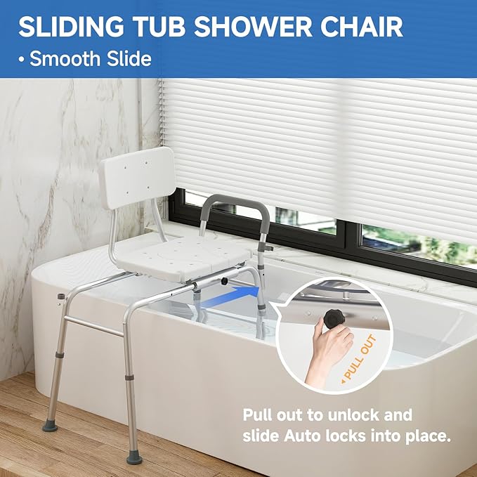 Tub Transfer Bench and Sliding Bathtub Shower Chair for Inside Shower Chair for Elderly and Disabled,Adjustable Seat Height, Holds Weight up to 350 Lbs, Bath and Shower Safety, Transfer Bench