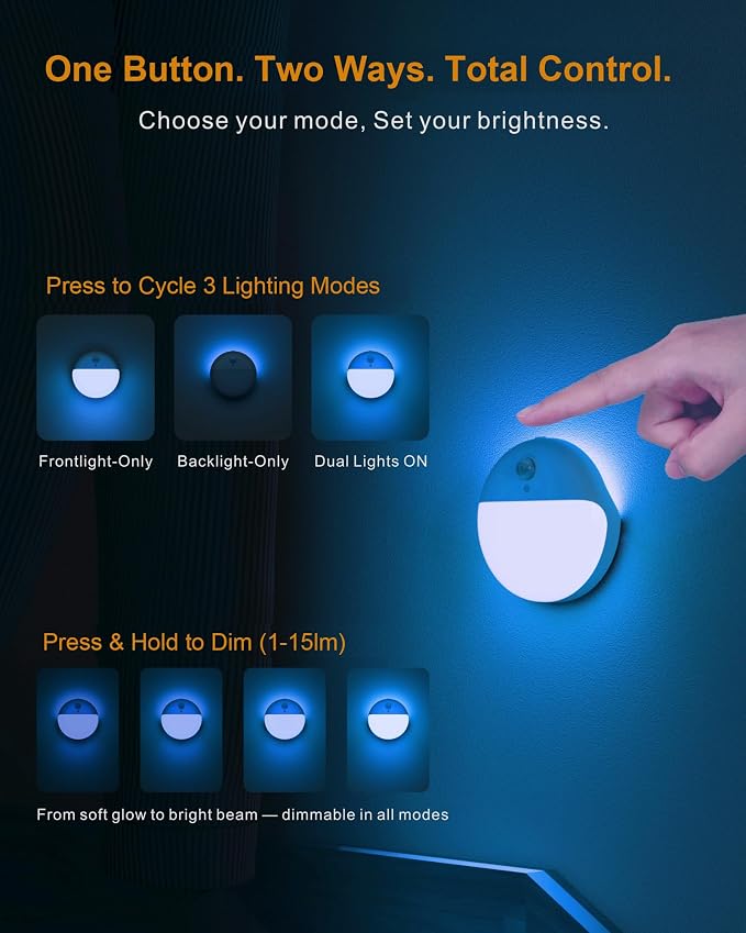 Toilet Night Light Motion Activated, Dim Light Battery Operated | 2 Pack, 3 Modes, Dimmable 1-15lm, Wireless Motion Sensor Stick on Light for Bathroom, Stairs, Indoor, Cabinet, Kids, Azure