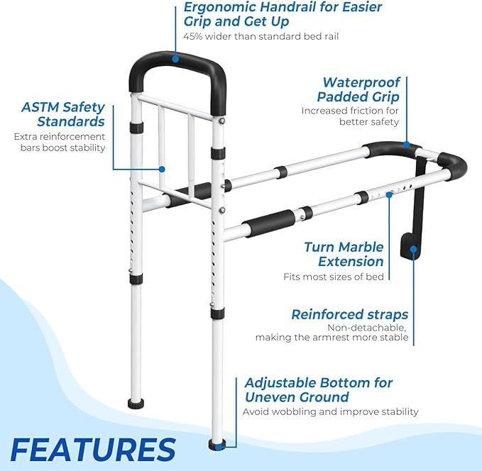 Bed Rails for Elderly Adults Safety - ASTM Approved Adjustable Bed Cane Supports 350LBS with Non-Slip Grip & Storage Pocket, Stable Bed Assist Rails for Seniors, Tool-Free