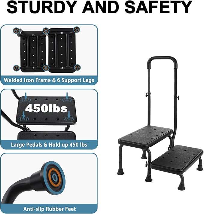 2 Step Stool with Handle for Elderly - Bed Steps for High Beds with Adjustable Handrail &Non-Slip Platform, Holds up to 450 lbs