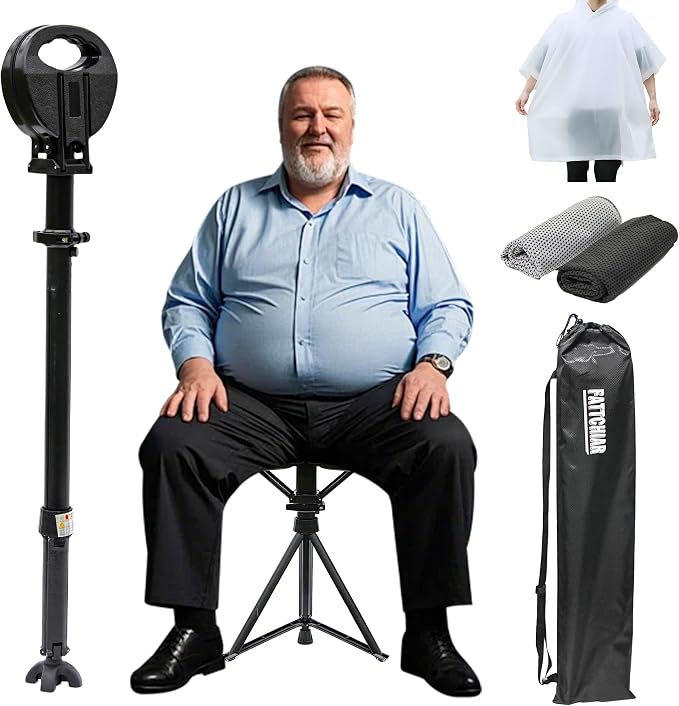 Walking Cane with Seat Adjustable Height ‎34.2"-37.4" Capacity 550lbs Folding Cane Chair for Adults, Portable Seats for Seniors, Easy Carry Stick for Hiking Traveling Camping-Black