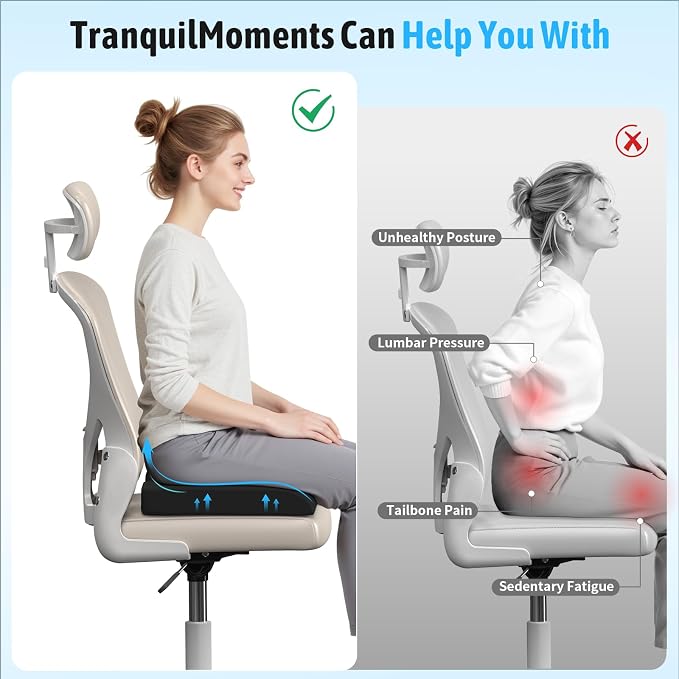 TranquilMoments Seat Cushion, Gel Wheelchair Seat Cushion，Ergonomic Chair Cushions for Office Chairs & Car, Relieve Sciatica, Back and Tailbone Pain, Removable Cover & Non - Slip Bottom, Black