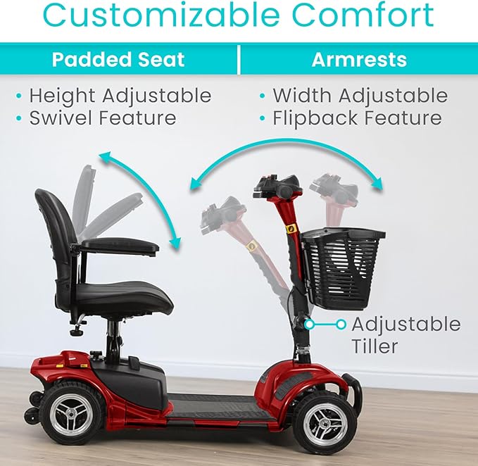Vive 4 Wheel Mobility Scooter - Electric Powered Wheelchair Device - Compact Heavy Duty Mobile for Travel, Adults, Elderly - Long Range Power Extended Battery with Charger & Basket