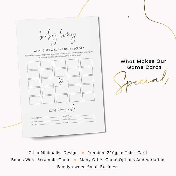 GardenCity Baby Shower Bingo Game - Baby Gift Bingo with Word Scramble, Blank Squares, 50 Cards (Minimalist)