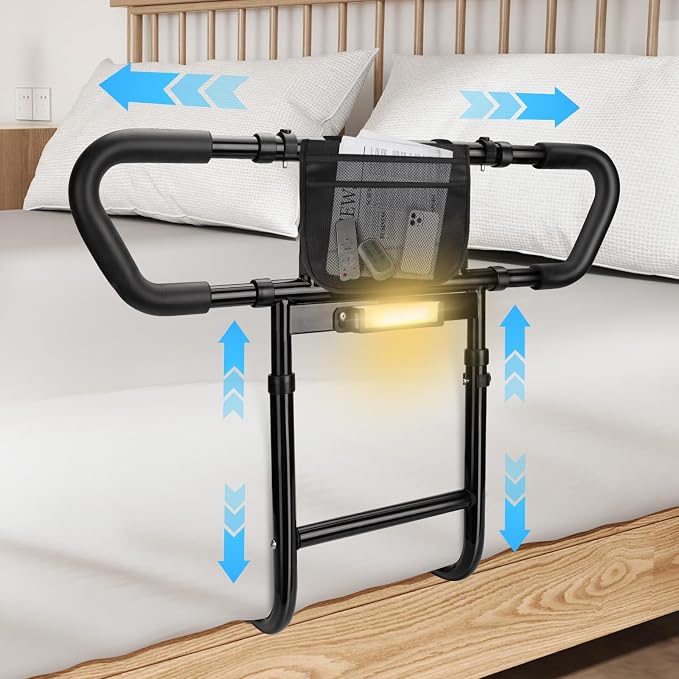 Bed Rails for Elderly Adults Safety: Adjustable Bedside Assist Rails with Storage Pockets, Non-Slip Handles, Items for Elderly Bed Rail, 400LB Gravity Capacity Black