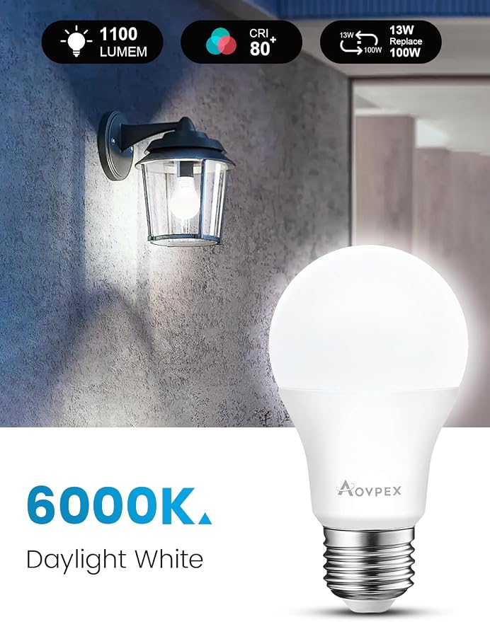4 Pack Dusk to Dawn Light Bulbs Outdoor 100W Equivalent, Automatic On/Off Sensor LED Light Bulb, 13W Daylight 6000K, 1100 Lumen, A19 E26 Bulbs Photocell for Wall lamp Porch Garage Yard Light