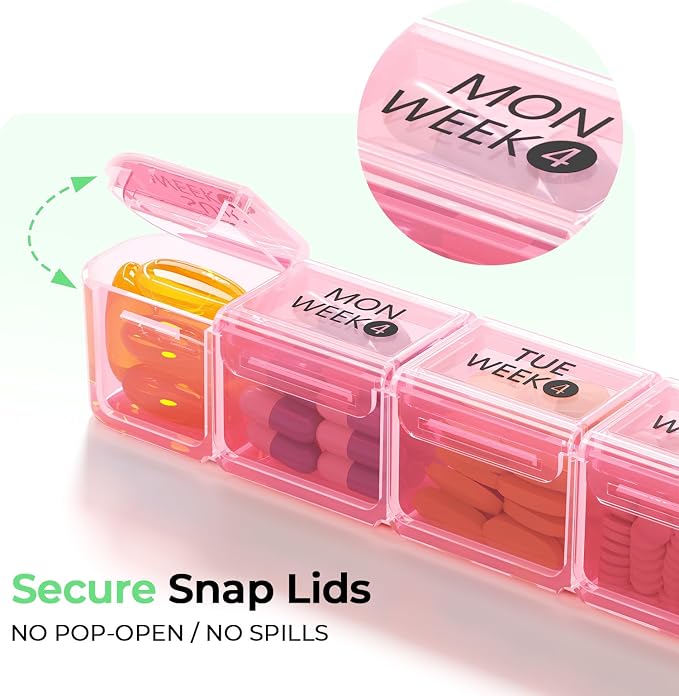 Daviky Monthly Pill Organizer 28 Day, 4 Week Pill Box with Removable Weekly Trays, Large BPA-Free Pill Organizer for Vitamins, Supplements and Medication, Travel Pill Case with Storage Box, Pink