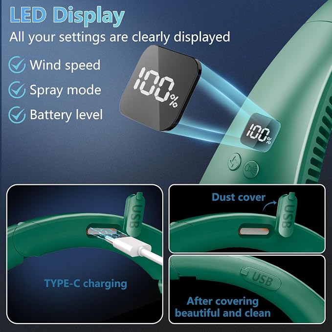 Neck Fan with Mist,Foldaway Neck Fan with Mist,Personal Fan for Neck Wearable Hanging around,Cordless Neck Coolers for Female Male Kids Dad Mom Deep Green