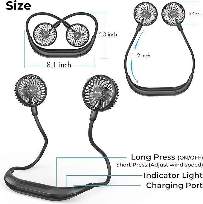 AMACOOL Portable Neck Fan, Lightweight Wearable with Hands-Free Comfort | 360° Adjustable Personal Fan with Ultra Quiet & Strong Wind, Gifts for Men Women Hot Flashes Cruise Travel Outdoor Sports