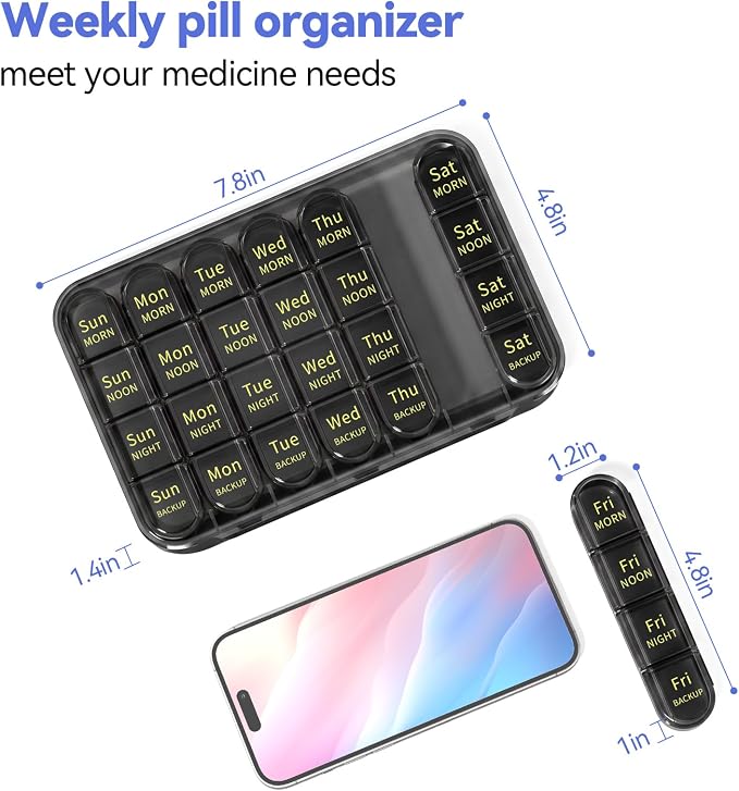 Zoksi Pill Organizer 4 Times a Day, 7 Day Pill Box with Removable Daily Cases, Large Medicine Organizer for Pills, Vitamins and Supplements, Easy Open 180 Degree Lids, Travel Pill Case