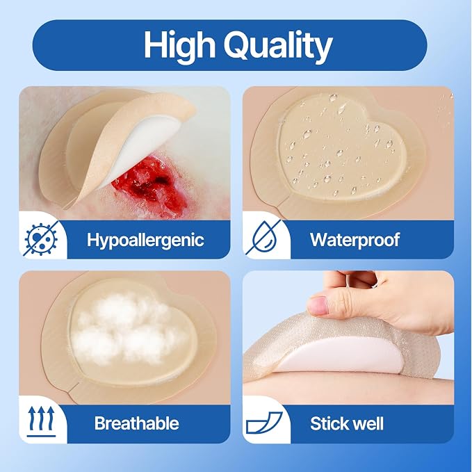Sacral Foam Dressing 7.1" x 8" (10 Count), Sacrum Silicone Foam Dressing with Border, Bed Sore Bandages Large Wound Care Pads