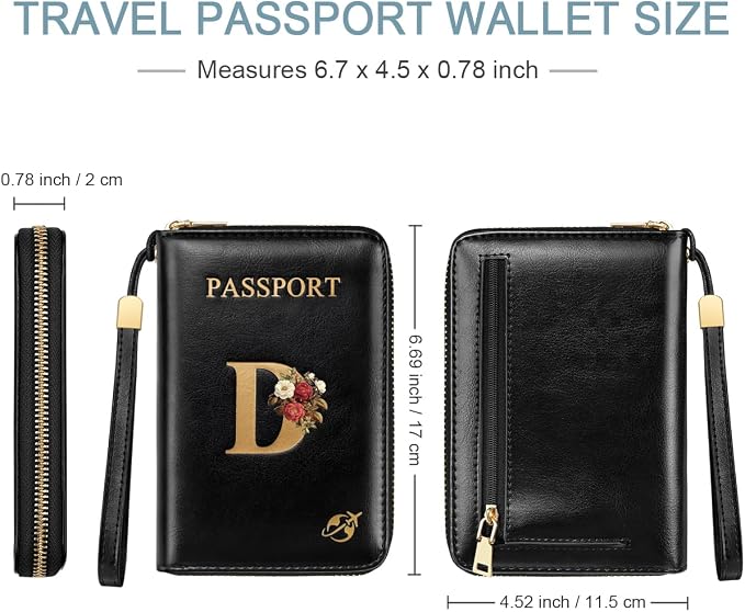 Passport Holder for Travel Personalized Wallet with Wristlet Women | Passport Cover, RFID Blocking, Passport Book Holders, Back Coin Pocket, Zipper Closure, Roses Initial Letter, Black D
