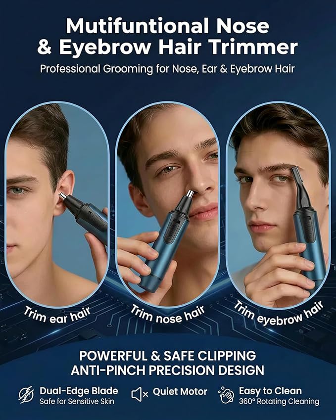 AREYZIN Nose Hair Trimmer for Men,Rechargeable 3-in-1 Professional Painless Eyebrow & Facial Hair Trimmer for Men Women, IPX7 Waterproof,Powerful Motor and Dual-Edge Blades,Blue