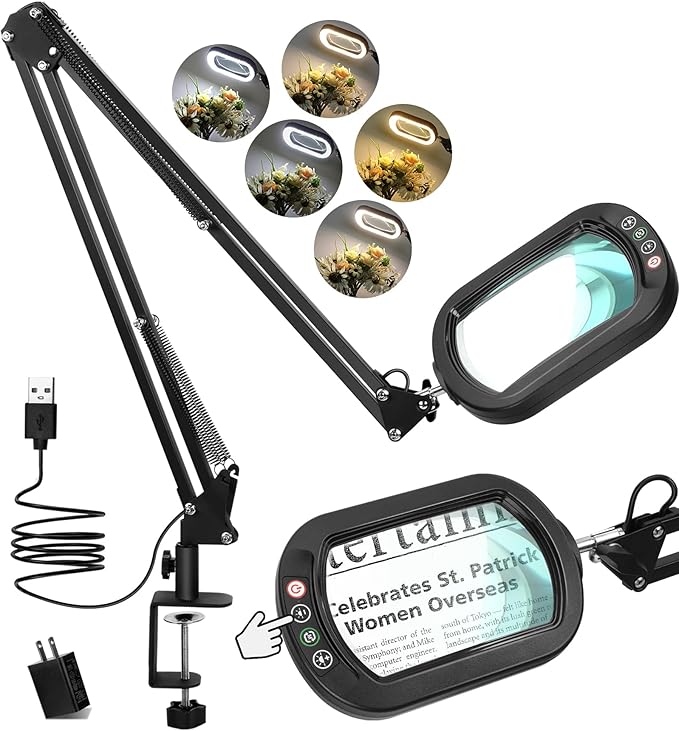 12X Magnifying Glass with Light and stand, Rectangle Real Glass Lens, Large 2*16 Inch Swivel Arm LED Lighted Clamp Desk Lamp, 5 Color Modes Dimmable, Magnifier for Reading Painting Craft Close Work