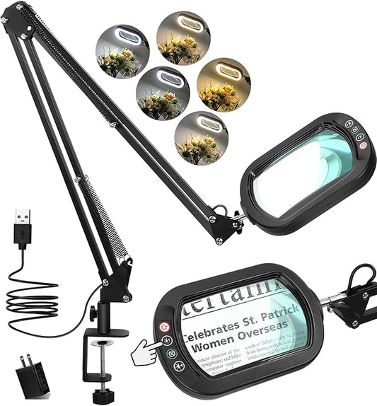 12X Magnifying Glass with Light and stand, Rectangle Real Glass Lens, Large 2*16 Inch Swivel Arm LED Lighted Clamp Desk Lamp, 5 Color Modes Dimmable, Magnifier for Reading Painting Craft Close Work