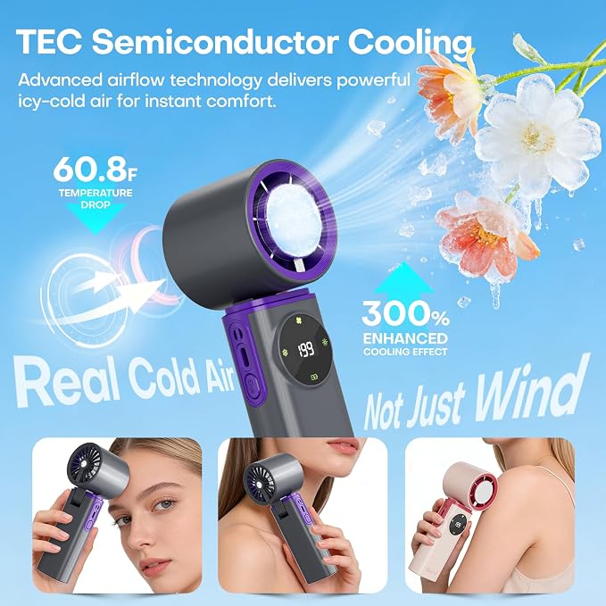 Portable Handheld Fan with Ice Cooling, 199 Levels Stepless Speed, 20H Long Battery Life, 20000RPM Turbo Fan Rechargeable Personal Mini Fan for Travel, Outdoor, Makeup (Grey)