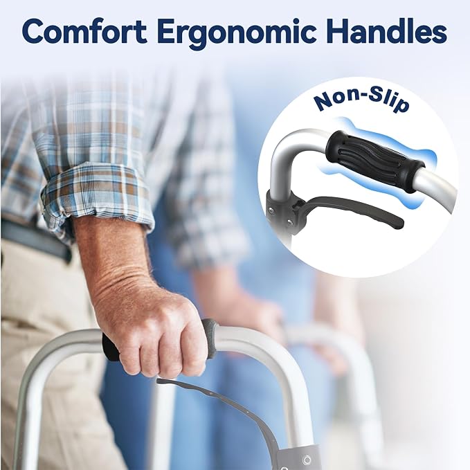 Folding Walkers for Seniors with Basket and Glide Skis, 5" Wheels Lightweight Rolling Walker, Support Up to 350 lbs, Height Adjustable Standard Compact Walker, Silver