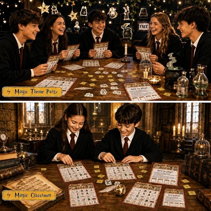 39Pcs Magic School Theme Party Bingo Game for Adults 24 Players Magical Witch Owl Bingo Cards with Reward Stickers for Family Friend Student Large Group Activities Vintage Magical Theme Party Favors