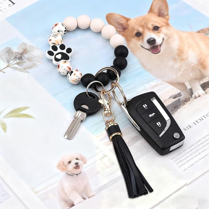 BAOSIWA Silicone Beaded Bracelet Keychain Wristlet Key Ring Bangle Chains for Women with Leather Tassel