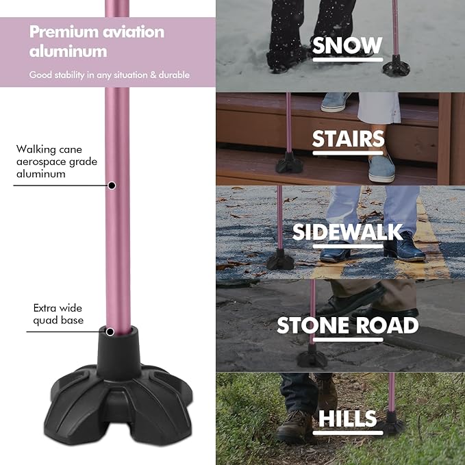 GPTCAMP G1 Walking Stick, Walking Cane for Women & Men with Wrist Strap, Lightweight & Sturdy Offset EVA Handle, Large Quad Base, Self Standing for Seniors and People with Injuries & Recovery
