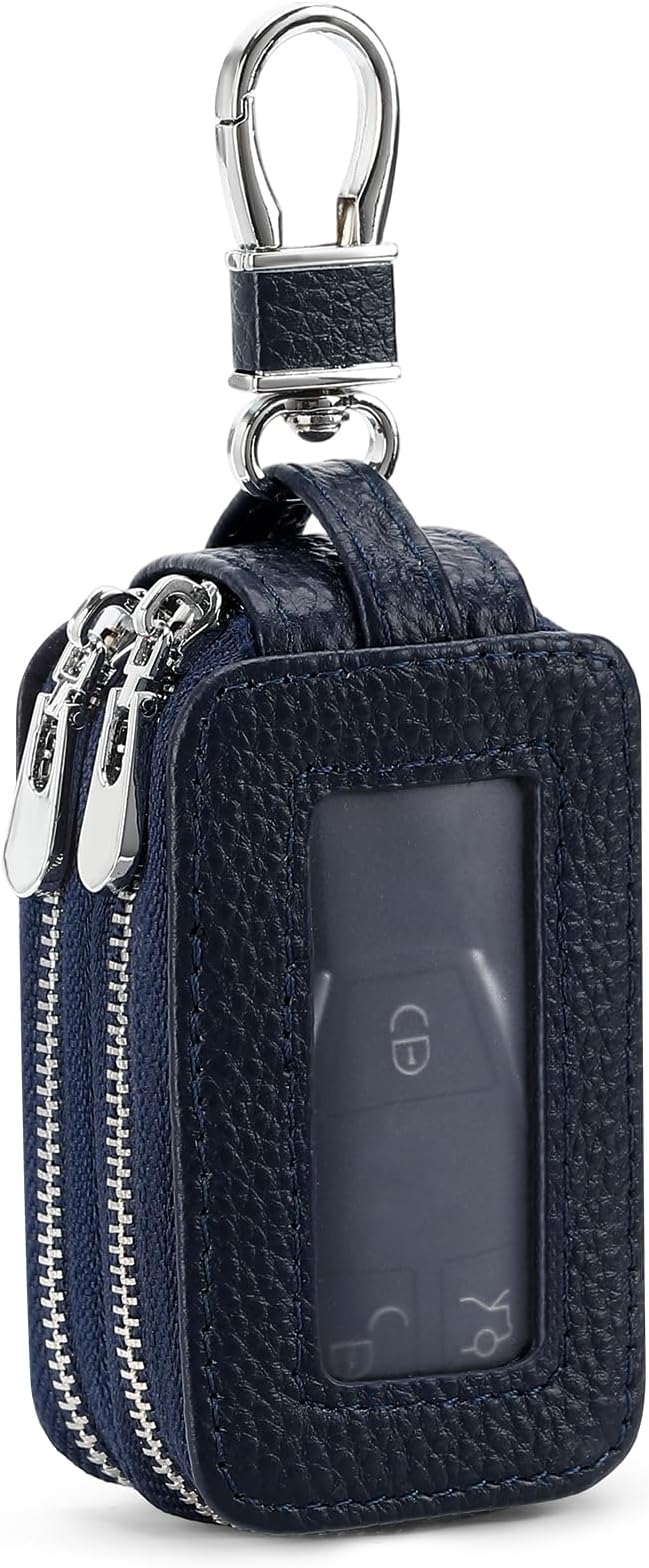 SENDEFN Car Key Fob Case Double Zipper Leather Smart Remote Keychain Protector Holder with Transparent Window