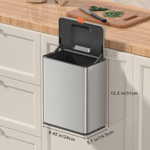 Mbillion 2.1 Gal Silver Hanging Stainless Steel Compost Bin | 8L trash can with lid, cabinet & under sink door mount design, for kitchen, RV and bathroom food waste storage