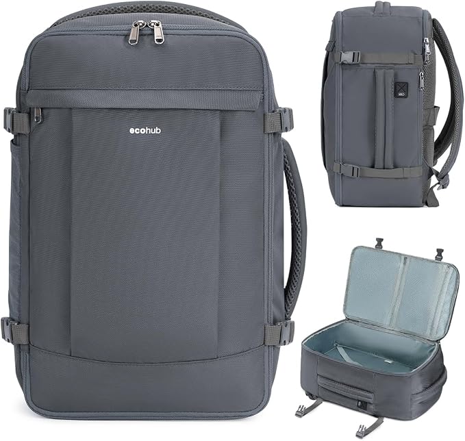 ECOHUB 17'' Small Travel Backpack, United Airlines Personal Item Bag 16.9"x10"x7.5" Carry on Backpack with USB Port Luggage Sleeve Travel Essentials for Men Women Water Resistant, Grey