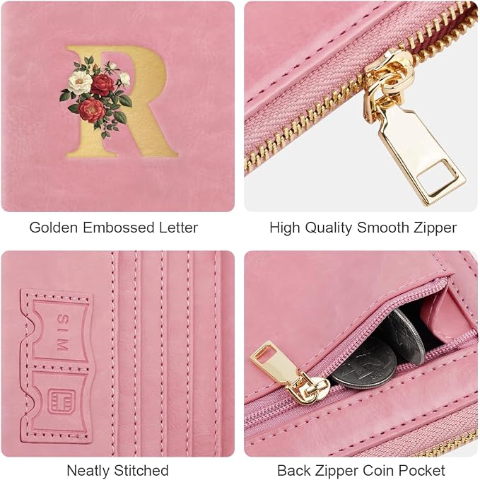 Passport Holder for Travel Personalized Wallet with Wristlet Women | All-in-One Passport Cover, RFID Blocking, Back Coin Pocket, Paper Money Slot, Zipper Closure, Roses Initial Letter, Pink R