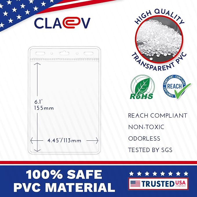 Claev Flexible and Tear Resistant Vertical 4x6 Passport & Card Holders (4x6 Extra Large (XXL), 100 Pack), Clear Zipperless ID Plastic Name Card Badge Holders for Travel, Conferences, Conventions | Bulk clear waterproof ID badge holders, fits 4 x 6 inse...