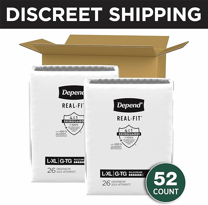 Depend Real Fit Adult Diapers, Incontinence Underwear for Men, Disposable, Maximum Absorbency, Large/Extra Large, Black, 52 Count (2 packs of 26), Packaging May Vary