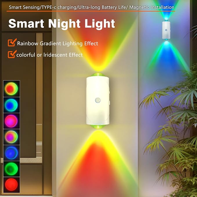 Rechargeable Motion Sensor Light, Magnetic Battery Operated Wall Sconces | 7 Color RGB Motion Sensor Night Light Indoor, 1500mAh Wireless Wall Light for Bedroom, Bathroom, Hallway, Stairs Black 1 Pack