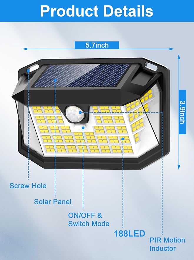 LANSOW Solar Motion Sensor Lights Outdoor 6 Pack, 188 LED/3 Modes, White | Motion Sensor Outdoor Lights IP65 Waterproof 270° Lighting, Solar Powered Security Flood for Outside Yard Garden Wall Patio