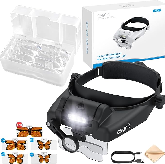 eSynic Professional 1-14X Head Magnifier Wearable Headband Magnifying Glasses Rechargeable Head Magnifying Glass with 3 LED Lights &5 Detachable Acrylic Lenses for Craft Work Reading Sewing etc
