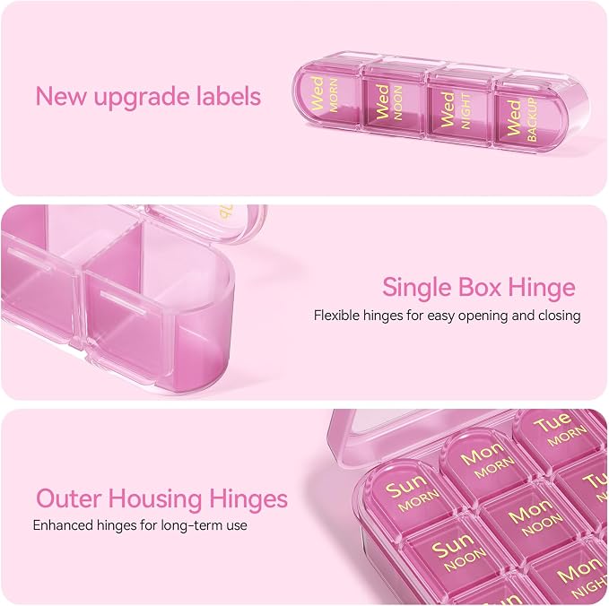 Zoksi Pill Organizer 4 Times a Day, 7 Day Pill Box with Removable Daily Cases, Large Medicine Organizer for Pills, Vitamins and Supplements, Easy Open 180 Degree Lids, Travel Pill Case