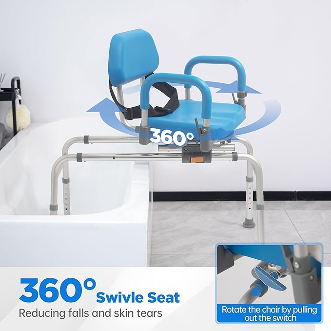 FSA/HSA Eligible Sliding Shower Chair with Swivel Seat, Rotating Tub Transfer Bench Shower Bench with Padded Seat and Backrest for Elderly and Disabled, Blue
