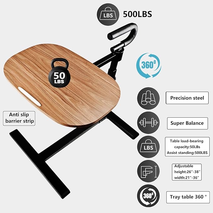 Adjustable Swivel Tray Table for Recliner, 360° Rotating TV Tray Table with Support Handle, Built-in Cup Holder & Metal Pen Holder, Height Adjustable Overbed Side Table for Seniors, Sofa, Bed, Eating, Working