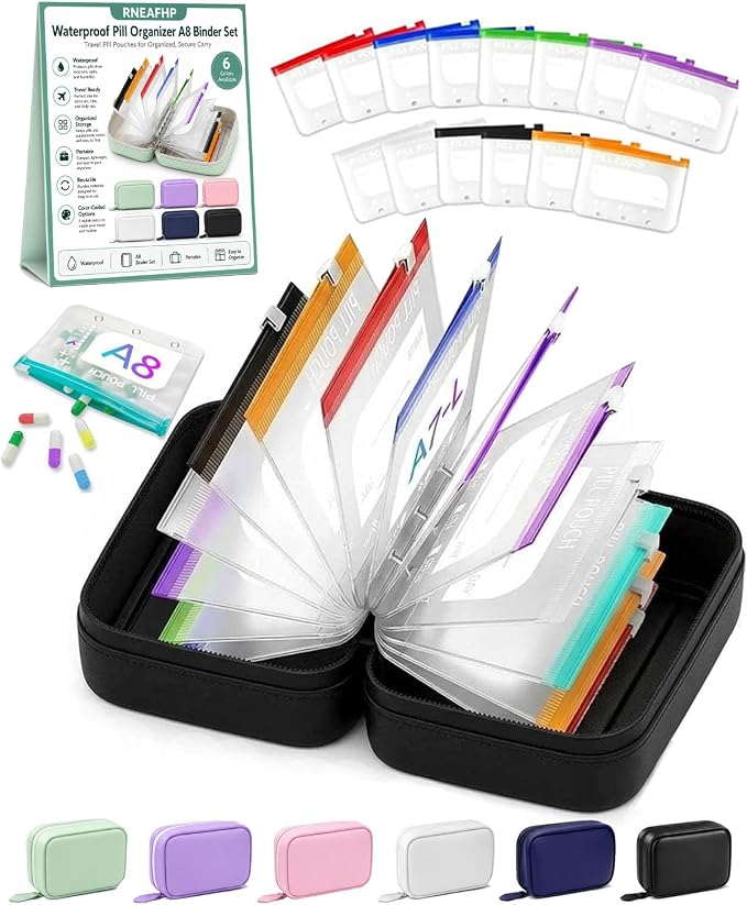 Waterproof Pill Organizer A8 Binder Set Pill Pouches for Travel 14PCS Bags Inside Large Zippered Pouch Bpa-Free Weekly Medicine Air Tight Pocket Color-Coded Reusable Travel Storage System