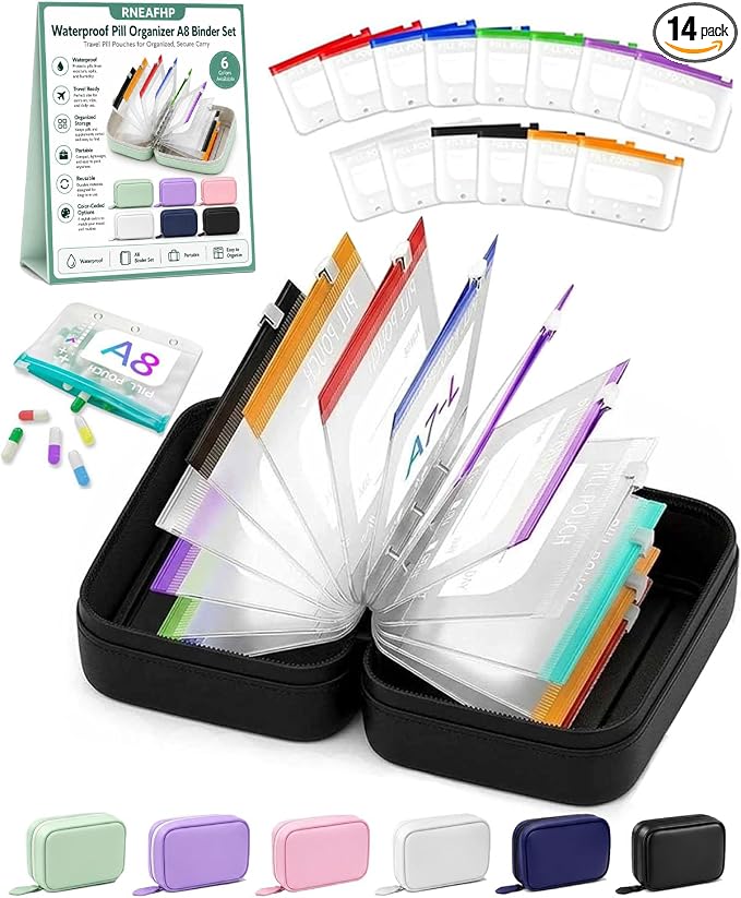 Waterproof Pill Organizer A8 Binder Set Pill Pouches for Travel 14PCS Bags Inside Large Zippered Pouch Bpa-Free Weekly Medicine Air Tight Pocket Color-Coded Reusable Travel Storage System