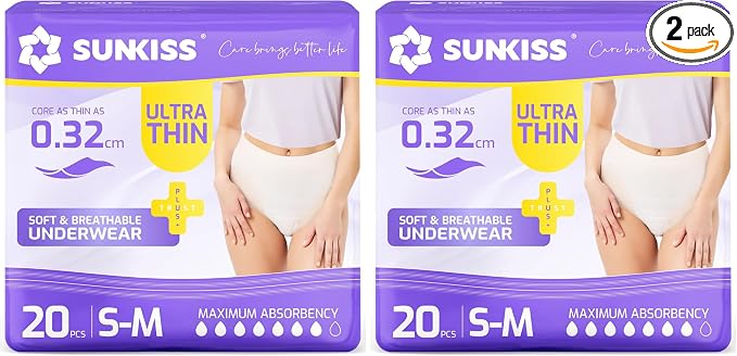 SUNKISS Ultra Thin Incontinence Underwear for Women, High Absorbency & Super Soft Postpartum Diapers, Disposable Adult Pull Ups, Small/Medium, 20 Count (Pack of 2)