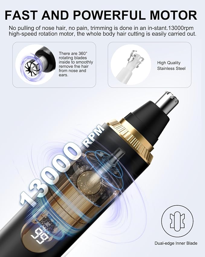 Nose Hair Trimmer for Men and Women,2026 Professional Painless IPX7 Waterproof Eyebrow & Facial Hair Trimmer,USB Rechargeable with LED Display Dual-Edge Blades for Smoother Cutting,BlackGold