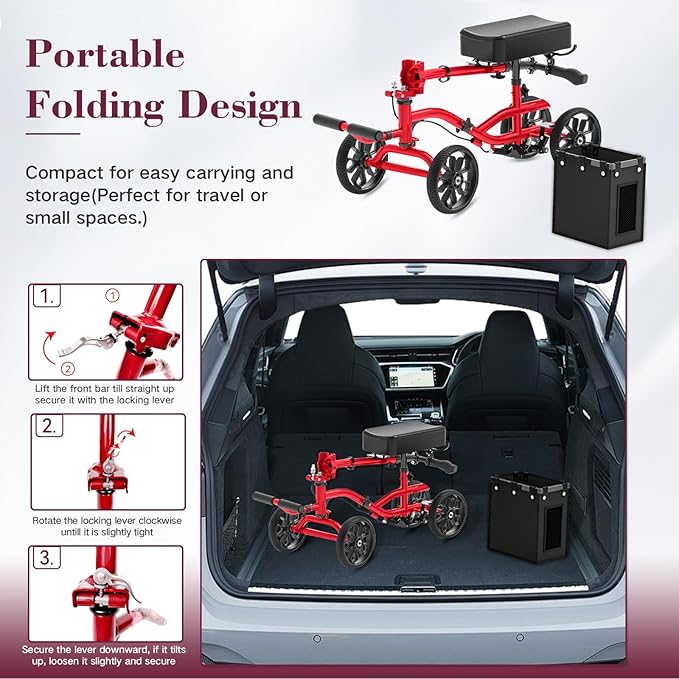 Lightweight Knee Scooter Crutch Alternative, Foldable & Adjustable Knee Scooter for Adults for Foot Surgery, Steerable Knee Walker with Detachable Storage Basket, Includes DIY Stickers-Hot Red