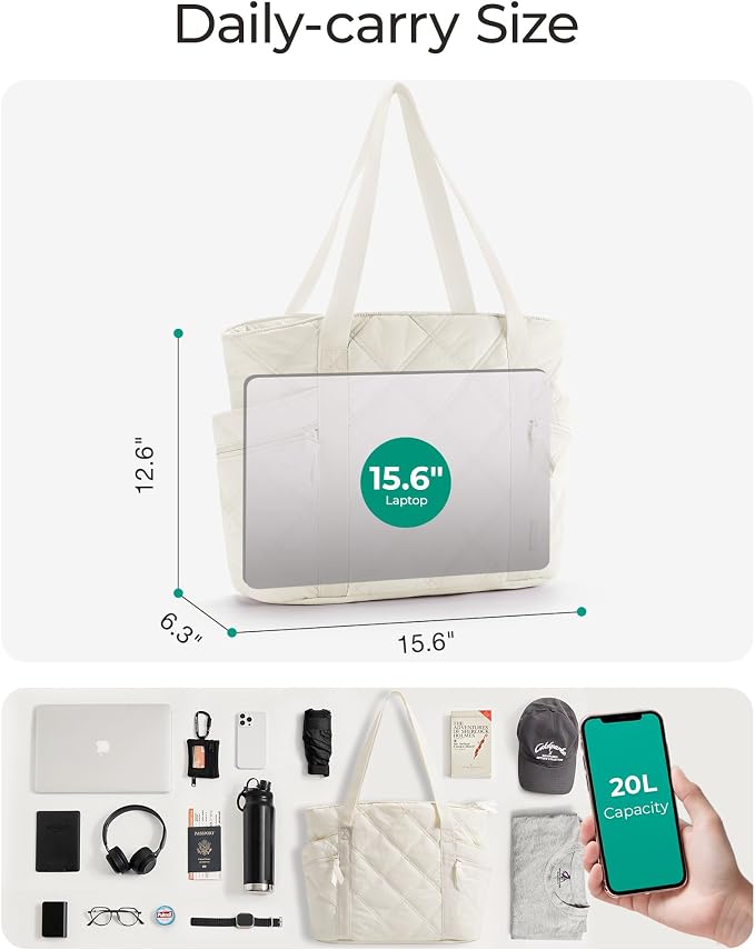 BAGSMART Crush Tote Bag for Women, 20L Puffer Work Tote with Zipper | Quilted Nurse Hospital Bag For Travel College Gym