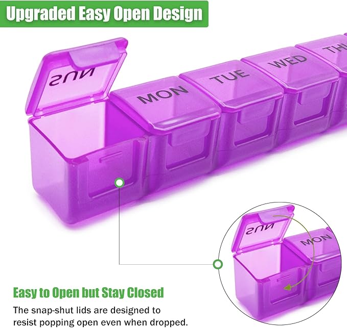 2 Pack Weekly Pill Organizer, Large 7 Day Pill Case, Daily Vitamin Case Medicine Box, AM/PM Pill Containers for Medicine Supplements Fish Oil (Red & Purple)