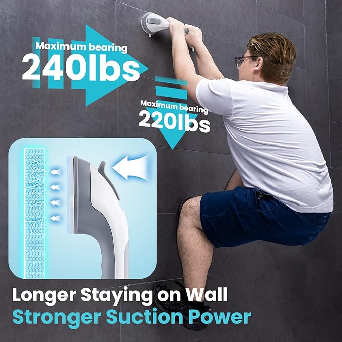 TAILI Shower Grab Bar 16 Inch Suction Cup Grab Bars for Bathroom, Removable Shower Safety Handle Heavy Duty Bathtub Grip for Seniors & Elderly, Strong Handrails No Drilling Waterproof, Grey
