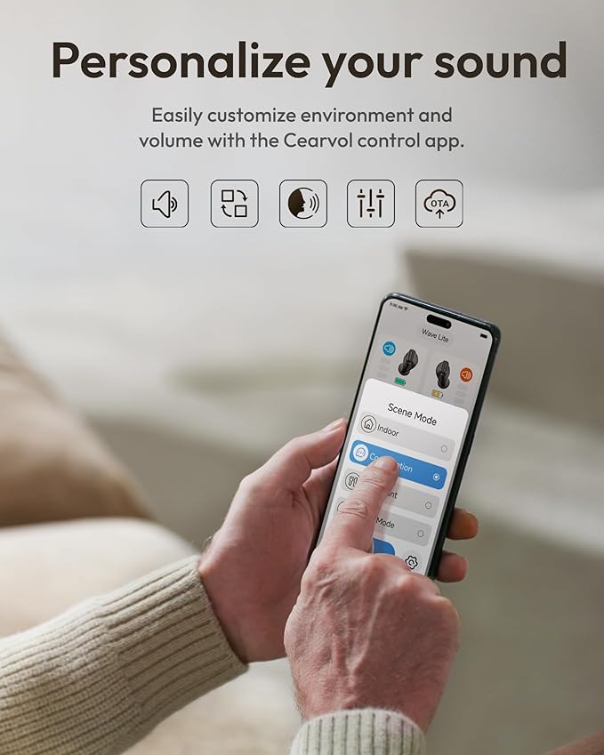 Cearvol Wave Lite OTC Hearing Aids Earbuds with Bluetooth - App Control, Aux-In, Noise Reduction Rechargeable for Mild to Moderate Severe Hearing Loss Seniors & Adults (Starlight)
