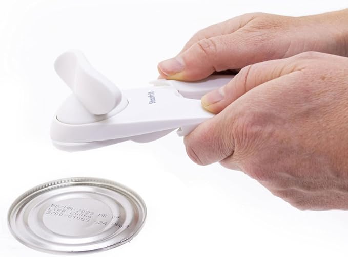 Starfrit Little Beaver Can Opener, Safe, Comfort Grip, White | Safe, Holds Lid and Leaves No Sharp Edges on Lid, Comfort Grip, 3-Year Warranty, White