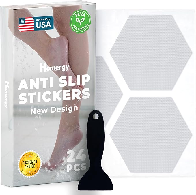 Anti-Slip Shower Stickers - Help Reduce Slipping in Bathtub & Shower, Clear Non-Slip Bath Strips, Strong Adhesive Bathtub Appliques Suitable for Homes with Kids, Adults & Seniors - 24 Pcs - Homergy