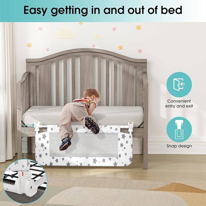 NUTIKAS Crib Rail Guard for Toddlers - 35.3" Toddler Bed Rails Convertible Safety Side Protector Swing Down Mesh Breathable Bed Barriers White Anchor Safety with Reinforced