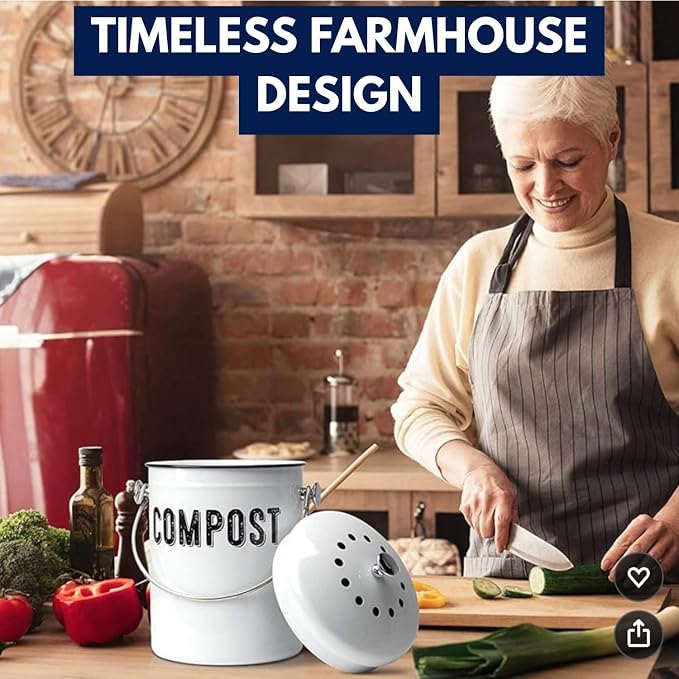 Granrosi Compost Bin Kitchen Counter, 1.3 Gallon, 3 Charcoal Filters | Countertop Composter Pail with Lid, Stainless Steel Counter Top Bin, Rust-Free Farmhouse Indoor Compost Bucket, White Oval